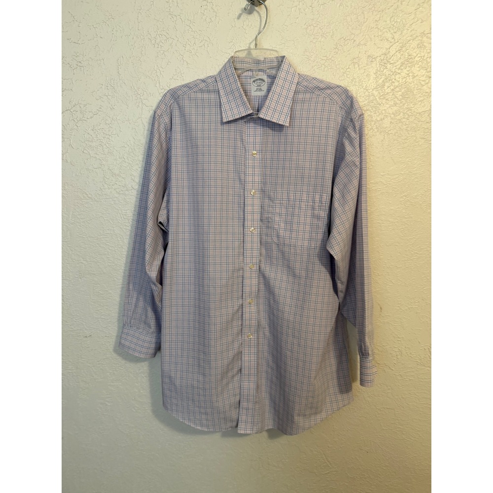 Brooks Brothers 346 Mens 17 2/3 Slim Fit Non-Iron Plaid Button Down Shirt Blue